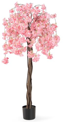 COSTWAY 150CM/163CM Tall Artificial Cherry Blossom Tree, Fake Blooming Flower Tree in Cement Pot with Pink/White Flowers, Faux Floral Potted Plant for Office Home Wedding (1, Pink, 163cm)