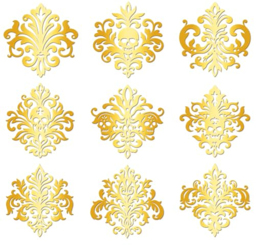 Hobbspring 9 Stück Goldene Selbstklebende Aufkleber 4cmx4cm Damast Totenkopf Metall Deko Blumenmuster Für Scrapbooks DIY Resin Basteln Handy Wasserflasche