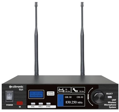 Citronic | Single Wireless Microphone System with Tuneable UHF License-Free Frequencies, Stage, Theatre, Performance | 1 x Bodypack Transmitter with Neckband & Clip Microphones, Fully Programmable