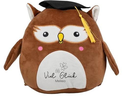 Herz & Heim® Personalisierte Kuscheltier Eule zum Abschluss – Stofftier Eule mit Name oder Wunschtext – Geschenk oder Glücksbringer zum Abitur, Studium & Schulabschluss (Viel Glück)