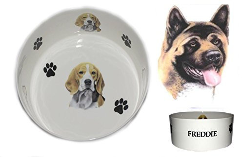 (BB) Bone China Personalised Japanese Akita dog food/water pet bowl decorated with PAWPRINTS AND BONES, Personalised with name of your choice- Many dog breeds available. Fun, colourful, new pet bowls.