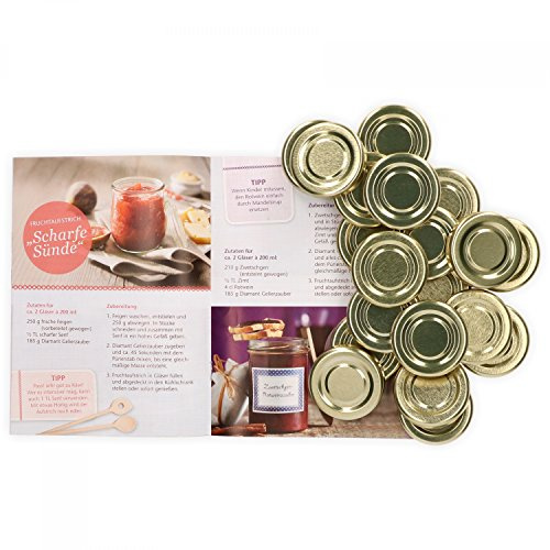Lot de 20 Couvercle to 43, compatible avec 37 ml/53 Ml Verres, doré laqué, couvercle à visser pour bocaux, avec joint en caoutchouc avec livret de recettes de diamant gratuit sucre