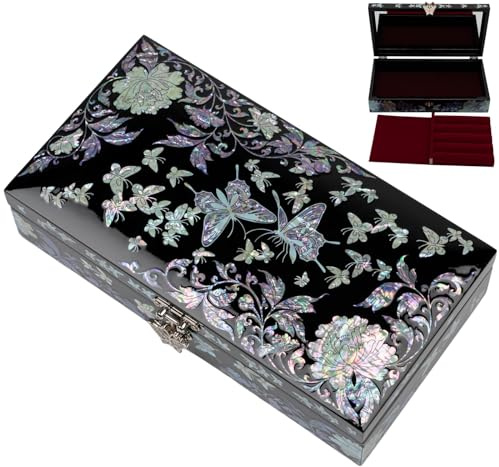 February Mountain Große Schmuckschatulle | Perlmutt | Schmuck-Organizer für Frauen | Handgefertigt | Royal Glossy Top Coat | Lila Schwarz – Ideal zum Valentinstag, Muttertag & Geburtstag
