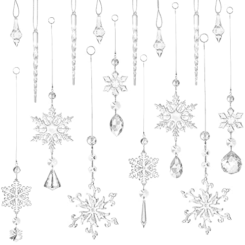 Weihnachten Schneeflocken Eiszapfen Anhänger Kristall Hängende Weihnachtsbaum Schneeflocken Dekorationen Acryl Eiszapfen Dekorationen Sets für Christbaum (Niedlicher Stil, 16 Stücke)
