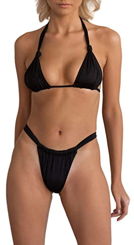 Womens Caribbean Halter Tie Knot Triangle Bikini Top wiht High Rise Thong Bottom 2pcs Swimwear Bathing Suits Black S