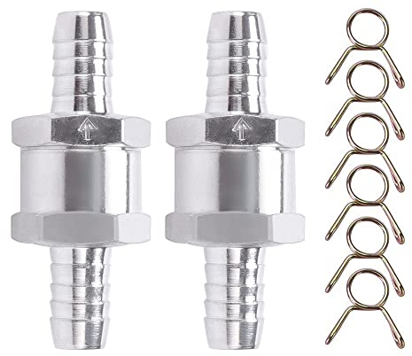 VooGenzek 2 Stück Kraftstoff Rückschlagventil, 10mm Aluminium Ventil Rückschlagventil, Rückschla Rücklaufsicherung Benzinmit 6 Stück Federklammer, für Benzin Wasser Chrom Auto Auto Niederdrucksystem