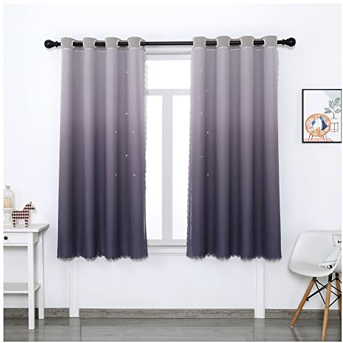 MISSMAO Doppelschicht Vorhänge Kinderzimmer Junge Mädchen- Hohle Sterne Gardinen mit Ösen Kinder Schlafzimmer Thermo Vorhang Sterne Dekoschals Gardine Ösenschal, 2er Set Grau H275xB130cm