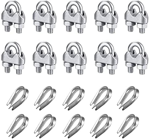Drahtseilklemme, Bügelseilklemme, YOCZOX 5 mm Edelstahl Seilklemme, Drehseilclips, Stahlseilklemmen, Drahtseilkauschen, U Bolzen Klemme für Drahtseil, Stahlkabel (10 Seilklemme + 10 Kauschen)