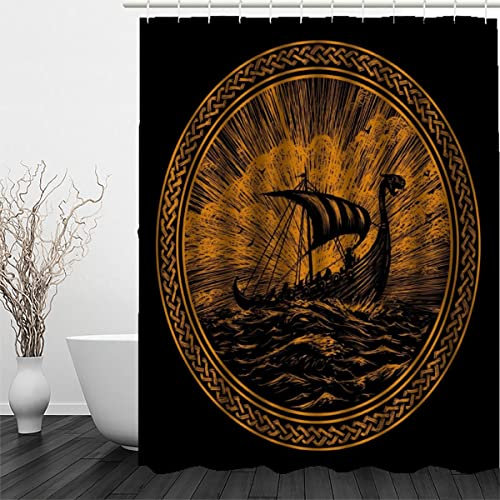 LUORU 3D Wikinger Duschvorhang Anti-Schimmel Wasserdicht Duschvorhänge 180x200 cm Jahrgang Piratenschiff Shower Curtain 100% Polyester Stoff Anti-Bakteriell Badvorhang mit 12 Hooks für Badezimmer