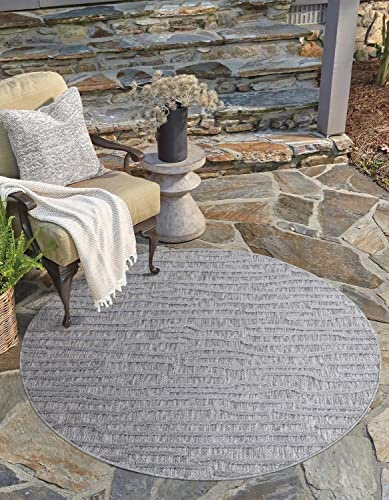 carpet city In-& Outdoor Teppich - Rund 120 cm - für Innen-& Außenbereich - Wetterfest Balkon-Teppich, Terrasse, Flur, Küche - Wohnzimmer-Teppiche - Hochtief/ 3D-Effekt - Streifen-Muster in Anthrazit
