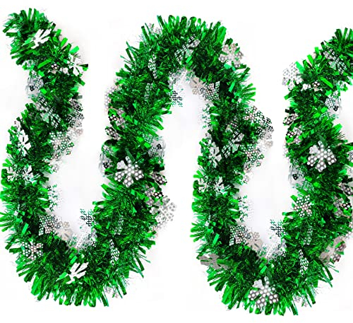 JSRHEEM 3 Stücke Weihnachtsgirlande, 2M Weihnachten Lametta Girlande mit Schneeflocke,Metallic Garland Glitzernde Hängende Dekoration für Weihnachtsbaum Kranz Hochzeit Party Grün