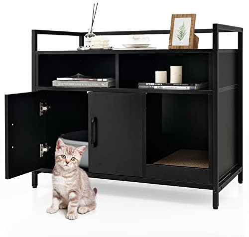 GYMAX Hidden Cat Litter Box Enclosure, Wooden Kitty Washroom Storage Cabinet Nightstand Side Table with Scratching Board and Shelves, Cat House Pet Crate for Kitten & Large Cat (Black)