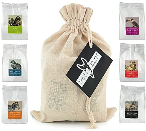 Gourmet Kaffeebohnen Geschenkset - COFFEES OF THE WORLD | Kaffeebohnen 600g (6 x 100g) - 6 feinste Single Origin Kaffees | Geschenkidee im Geschenkkorb-Stil für Sie & Ihn