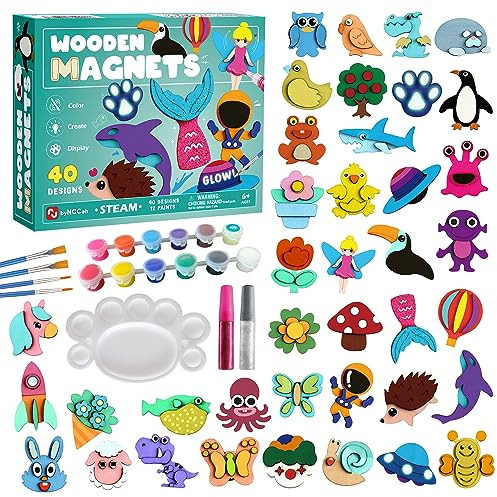 Byncceh Juegos de Pintura, Madera Manualidades de Pintura, Manualidades Kit de 40 Imanes De Refrigerador Actividades Creativas, Regalo Cumpleaños para Niños