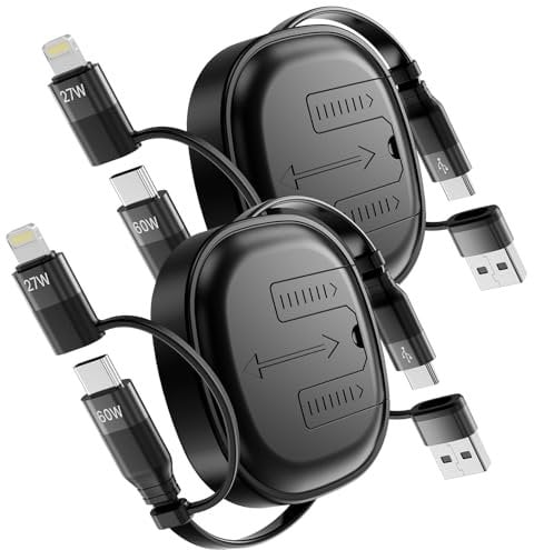Minlu Multi USB Charging Cable, 5 in 1 Retractable Charger Cable, 60W Fast Charging Cable & Data Transfer, USB C Charger Cable with Lightning/Type C/USB A Port for iP,iPad,Samsung,Ps4/5,Tablets,2Pack