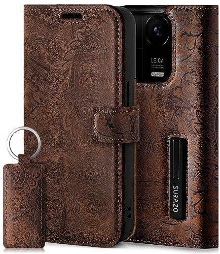 SURAZO Premium Handyhülle für Xiaomi 13 Pro 5G Hülle Leder – Klappbare Echtleder Schutzhülle [Magnet, Kartenfach, RFID Schutz, Blumenmuster] Flip Klapphülle Wallet Case Cover Lederhülle (Braun)