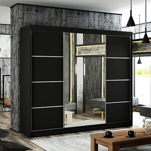 Mars Meble Schiebtürenschrank Paco 250cm Kleiderschrank inkl. 3 Schiebtüren Schrank mit Spiegel Kleiderstange, Breite: 250 cm, Farbe: Schwarz