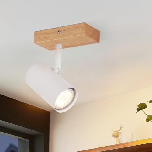 Glitzerlife Deckenstrahler 1 Flammig Flurlampe Holz - Deckenspots Flur Weiß Deckenleuchte Metall Modern GU10 350° Deckenlampe für Wohnzimmer Schlafzimmer Küche Treppe Esszimmer
