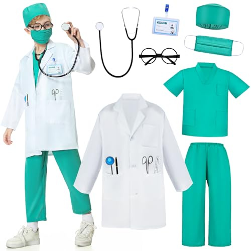 JONRRYIN Arzt Kostüme Kinder, Arztkittel Kinder, Kostüm Chirurg Kinder mit Doktor Rollenspiel Zubehör, Doctor Fancy Dress Up Spielsets Fasching Geschenke für Kinder 3 4 5 6 7 8 9 10 Jahre