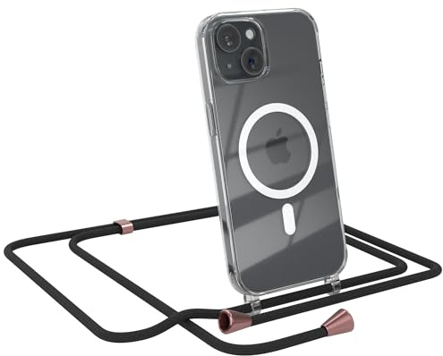 EAZY CASE - Handykette kompatibel mit iPhone 15 Kette zum Umhängen Stoßfest Handyhülle für iPhone 15 Silikon Hülle mit Band Handytasche Transparent als Fallschutz in Schwarz - Clips Rosé