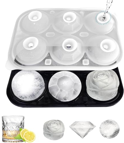 Eiswürfelform Silikon Groß 6 Fach XXL Eiswürfelschale mit Deckel Eiswürfel Rose Rund Kugel BPA-frei Wiederverwendbare eiskugelformer Eiswürfelbehälter für Cocktails Whisky Gin Wein Eiscreme