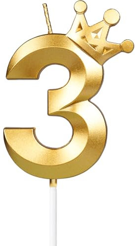 Yiran Gold 3rd Birthday Candles with Crown,3inch Giant Number 3 Candle, 3th Birthday Candle for Cake,Happy Birthday Candle,Cake Candles Cake Topper Decorations for Girls Boys Birthday Party Supplies