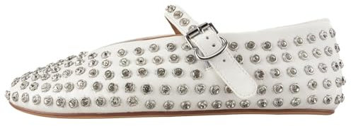 Gradinery Mary Jane Ballerinas mit Strasssteinen besetzt, Schnallenriemen, glitzernd, lässiges Kleid, Ballerina-Schuhe, Strass weiß, 44 EU