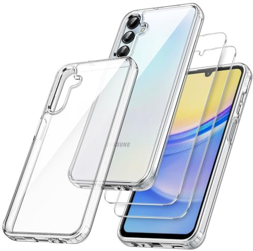 JETech 3 in 1 Hülle für Samsung Galaxy A15 5G / 4G 6,5 Zoll, mit 2 Stück Schutzfolie, Gehärtetem Glas Displayschutz, Stoßfeste Stoßstange Klare Rückseite Handyhülle (Durchsichtig)