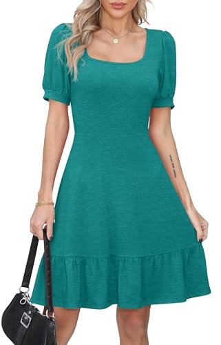 Missufe - Robe d'été pour femme - Trapèze à volants - Manche courte - Swing - Taille unique - Turquoise, M