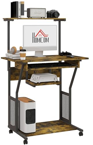 HOMCOM Mobile Computer Desk with Keyboard Tray, Rolling Study Table with Storage Shelves and Wheels, Industrial Writing Desk for Home Office, 80 x 50 x 130cm, Rustic Brown