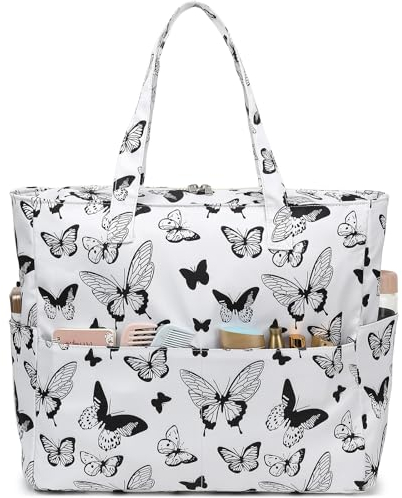 LEDAOU Bolsa de playa grande con cremallera para mujer, impermeable, bolsa de transporte, bolsa de transporte a prueba de arena con cremallera, piscina, fitness, bolsa de viaje familiar, mariposas