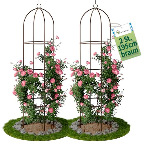 TTL Garden Obelisk Rankhilfe XL 195x40cm braun 2er Set - Rosen Rankgitter Metall rostfrei für Kletterpflanzen Rosen Clematis - pulverbeschichteter Stahl 195 cm hoch 40cm Ø Rankturm Tomaten Gurken