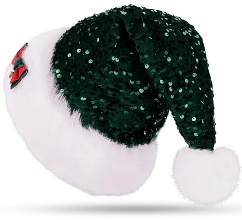 CITÉTOILE Weihnachtsmütze für Erwachsene, Deluxe Velours Nikolausmütze mit Soft Liner, Plüschkrempe Weihnachtsmann Santa Nikolaus Mütze mit Golden Pailletten Schneeflocke für Männer Frauen