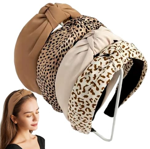 Haarreifen Damen, 4 Stück Leopardenmuster Haarreifen, 12 * 3cm Stirnbänder für Damen, Mode Verknotete Stirnbänder für Damen und Mädchen Haare(4 Farben)