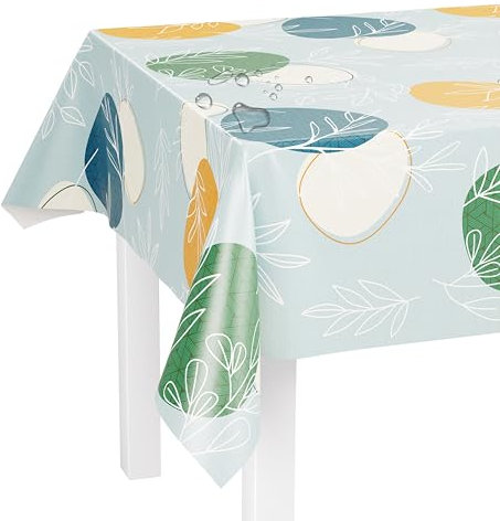 LILENO HOME Tischdecke abwaschbar als Meterware 220x140cm (Schnittkante) in Kreise und Farne blau Motiv - Wachstuchtischdecke wasserabweisend ideal als Tischtuch o. Tischläufer für Bierzeltgarnitur