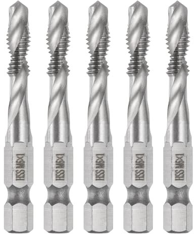 sourcing map 5pcs Combination Drill and Tap Bits, Metric M6 x 1 Thread 1/4 Hex Shank 4341 High Speed Steel Threading Screw Taps Machine Drilling Tapping Tool Kit