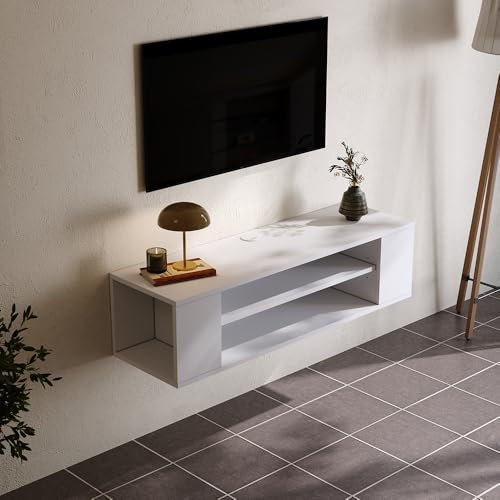 Warmiehomy Floating TV Unit Wall Mounted TV Unit with Router and Cable Holes Media Wall Units for Living Room(White, 100cm)