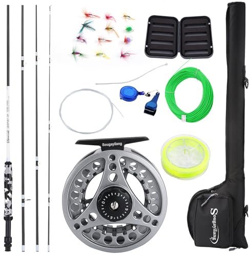 Sougayilang Standard Fly Fishing Combo Starter Kit, 5/6 Gewicht 9' Fliegenrute mit SuperPolymer Griff, Zubehör, Tragetasche, Fly Box Fall für Angeln Fliegen-schwarz