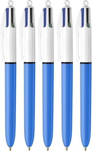 BIC 4 Colours Original Multi-Coloured Retractable Ballpoint Pens, Pack of 5, Medium Point, Black, Blue, Green & Red Ink