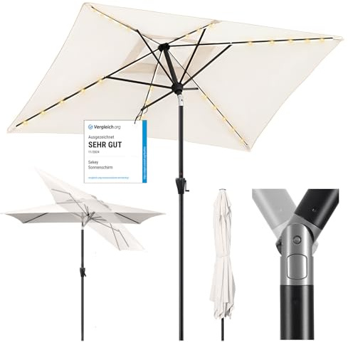 Sekey Aluminum Rechteckiger Sonnenschirm 200x300 cm mit Solar-LED & Kurbel | Solar-LED, UV 50+ Schutz, 180 g/m2 Polyester, 38 mm Alu-Mast,rostfrei, GRS-zertifiziert, für Garten/Balkon/Terrasse