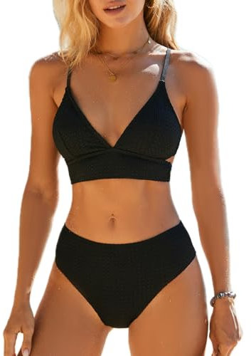 CUPSHE Damen Bikini Set V Ausschnitt Triangel Breites Unterbrustband Lace Up Mid Waist Bikini Bademode Zweiteiliger Badeanzug Swimsuit Schwarz S