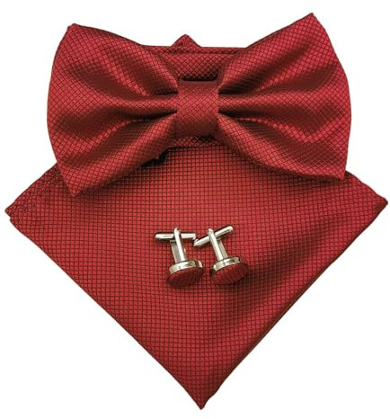 Fliege Herren, Schleife mit Haken, 3-teiliges Klassische Einfarbig Fliege und Einstecktuch mit Manschettenknöpfe Sets für Herren, Verstellbare Fliege,Vorgebundene Fliege,für Hochzeit Sfeier, Rot