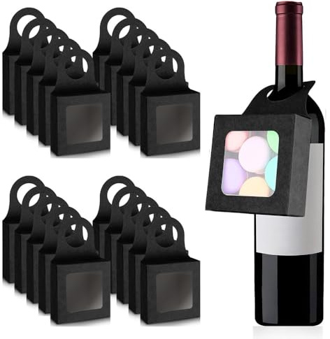 Wine Bottle Box with Window, 20PCS Kraft Paper Foldable Wine Candy Boxes Hanging Champagne Treat Box for Holding Candy Chocolate Cookies