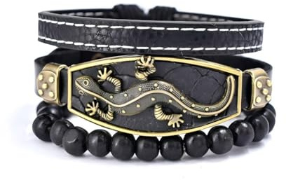 ZENRUIMING Gecko-Armband, verstellbar, mehrlagig, geflochtenes Lederarmband, für Herren, Hip-Hop, Punk, Tieranhänger, 3 Stück, Adjustable, Leder, Kein Edelstein
