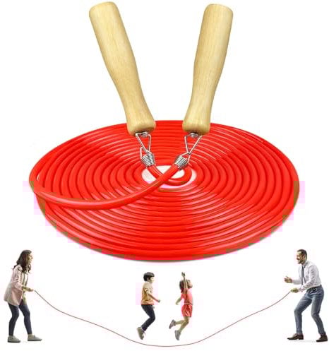 LeapBeast Groups Rope Skipping, Multiplayer rope skipping Best Team Long Jump Rope with Wooden Handle for School Sport and Outdoor Activity 5Meters -7Meters -10Meter (C Mod. - Red, 10M)