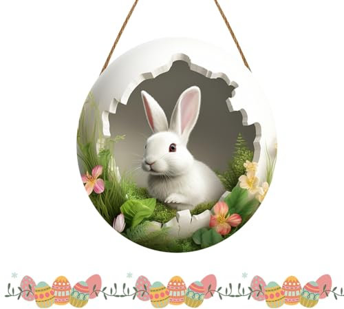 Ostern Kranz Türs-Child Haustür Frühling S-Child Dtürschilder Vintage Zuhause Herzlich Willkommen Sc-hild Holz Rund Türdeko zum Aufhängen Türhänger Deko für Ostern Deko (Hasen-7)