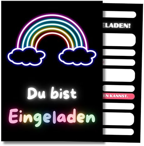 HIDEBLOOM Neon Regenbogen Einladungskarten Kindergeburtstag Mädchen und Junge I 12 Stück I DIN A6 (10,5 cm x 14,8 cm) I Kinderparty I Geburtstagseinladungen Kinder I Einladung Geburtstag Neon Stars