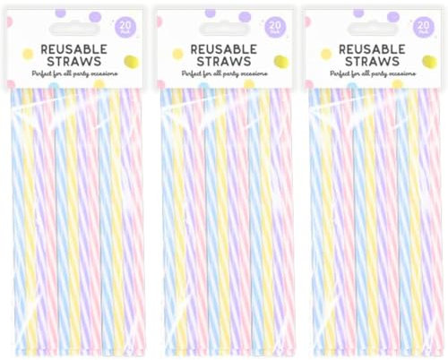 LND Gifts Plastic Straws Drinking - 60 Colourful Pastel Straws Drinking Plastic, 20cm Reusable for Kids Drinks, Adults Cocktails, Thick 1 cm Ideal for Milkshakes and Soup