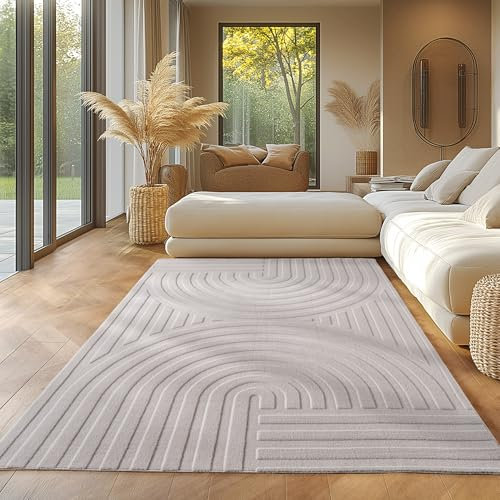 SIMPEX Skandinavischer Boho Teppich Einfarbig Creme 200x290 cm, Deko Teppich, 3D-Effekt, für Wohnzimmer und Schlafzimmer, Waschbar