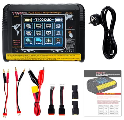 Lipo Ladegerät Balancer T400 3,2-Zoll Farbbildschirm Touchscreen Doppelentlader AC200W/DC400W 12A Hochpräzises RC Ladegerät Autobatterie für LiPo/Lilon/Life/NiMH/NiCd/PB/NiMH
